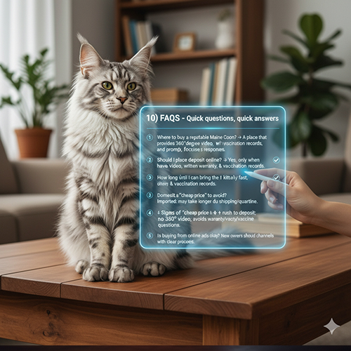 Ảnh minh họa mục FAQs mua mèo Maine Coon với bảng câu hỏi nhanh và mèo ngồi trên bàn.
