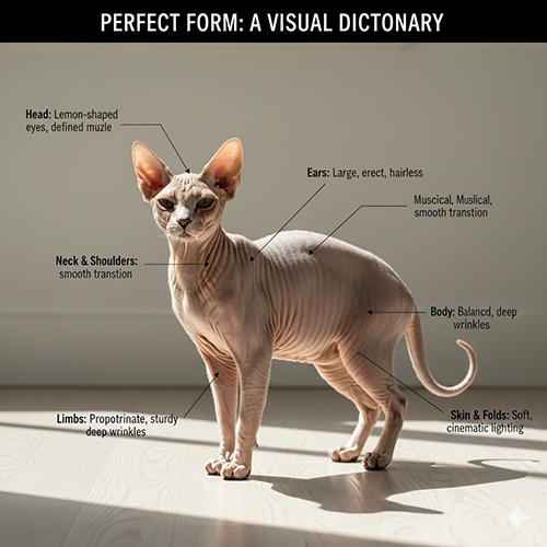 Một mèo không lông đứng trong ánh sáng cửa sổ với các chú thích về đầu, tai, cổ – vai, thân, chi, đuôi và nếp da; minh họa bộ “từ điển” form đẹp