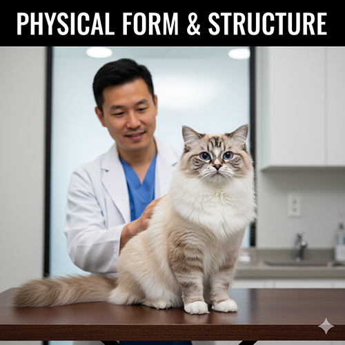 Bác sĩ thú y kiểm tra mèo Ragdoll để minh họa tiêu chí form ngoại hình như đầu, xương, coat và đuôi