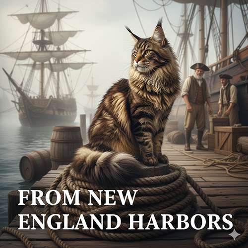 Mèo Maine Coon trên bến cảng New England thời kỳ tàu buồm, minh họa phần nguồn gốc giống.