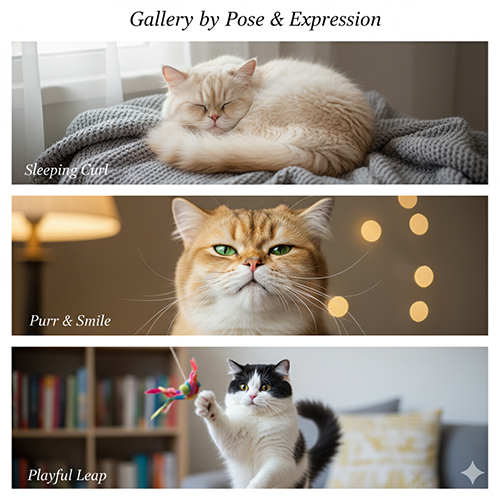 Bộ sưu tập mèo Ba Tư theo dáng và biểu cảm: cuộn ngủ, purr mỉm cười và bật nhảy chơi đùa