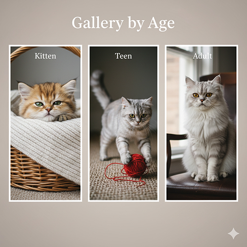 Bộ sưu tập mèo Ba Tư theo độ tuổi gồm kitten, teen và adult