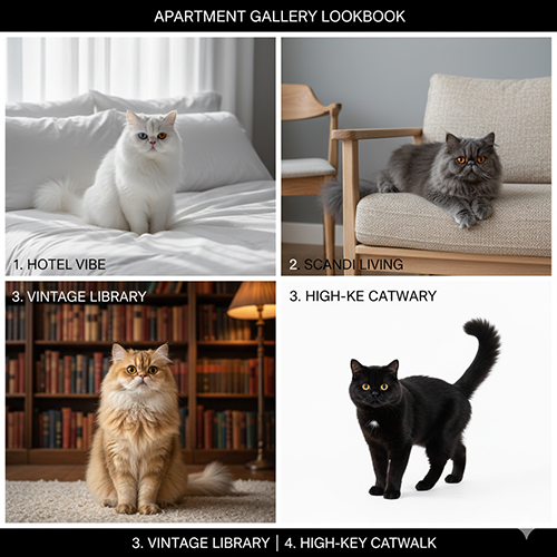Gallery concept chụp mèo Ba Tư trong căn hộ: hotel vibe, scandi living, vintage library, high-key catwalk