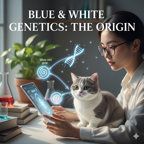 Giải thích gen màu mèo Munchkin xám trắng – sự kết hợp giữa gen loãng (dd) và gen đốm trắng (S) tạo nên bộ lông Blue & White dịu mắt.
