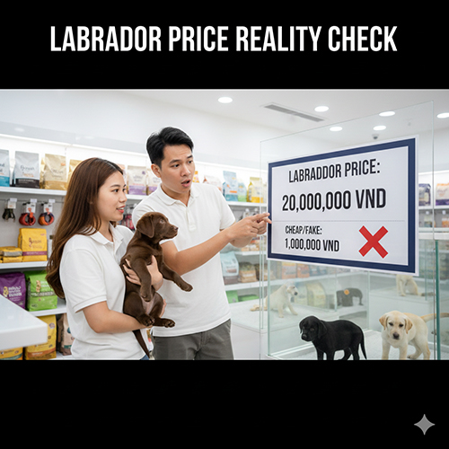 Cặp đôi trẻ đứng trong cửa hàng thú cưng, người chồng chỉ vào bảng giá Labrador 20.000.000 VND và cảnh báo mức 1.000.000 VND là rủi ro