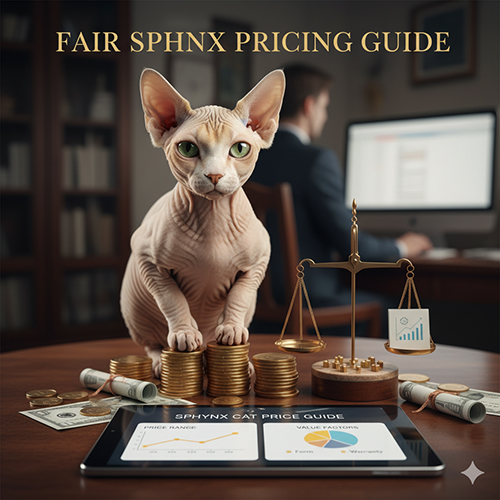 mèo Sphynx không lông ngồi trên chồng tiền xu cạnh cân và tablet hiển thị bảng giá mèo Sphynx