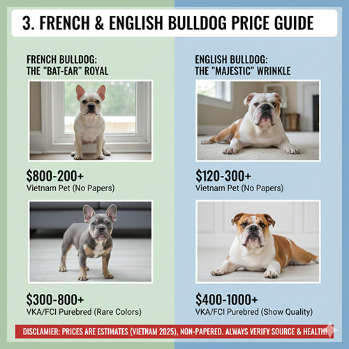 Giá chó Bull Pháp và Bulldog Anh mặt xệ theo phân khúc pet và thuần chủng