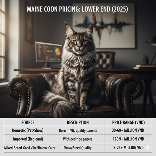 Mèo Maine Coon màu nâu đen ngồi trên ghế da trong phòng khách, phía dưới là bảng giá cận dưới cho thuần chủng và lai.
