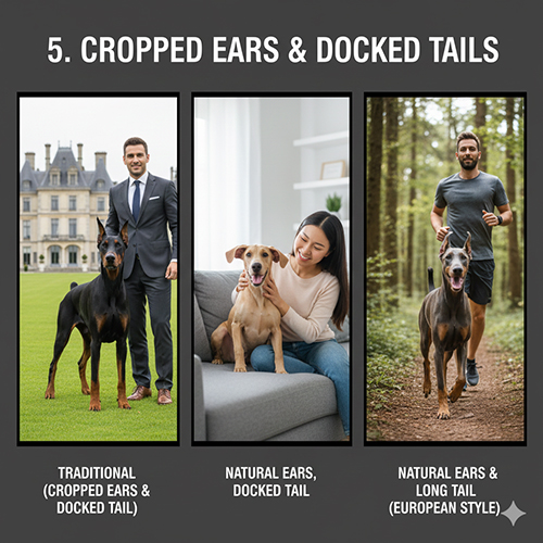 Ảnh minh họa 3 kiểu tai–đuôi Doberman: cắt tai & cắt đuôi truyền thống, tai cụp đuôi cụt và tai cụp đuôi dài kiểu châu Âu