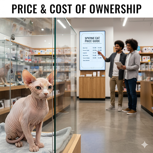 Mèo Không lông Sphynx trong cửa hàng thú cưng, minh họa phần giá và chi phí sở hữu