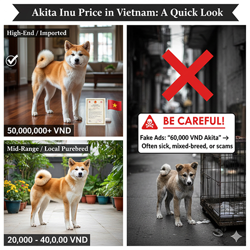 Infographic giá chó Akita Inu tại Việt Nam, so sánh Akita nhập, thuần chủng trong nước và cảnh báo chó giá rẻ bất thường
