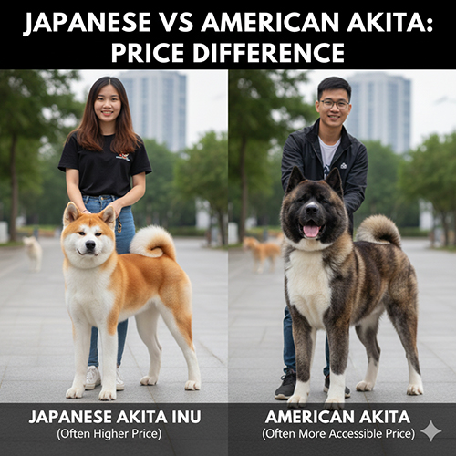 So sánh giá chó Akita Nhật và Akita Mỹ với hình minh họa hai dòng Akita đứng cạnh người nuôi