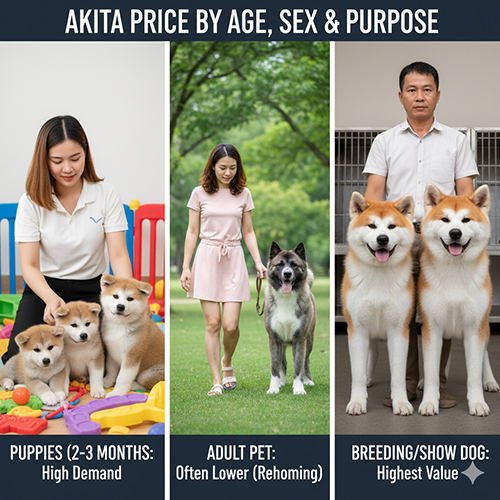 Bảng minh họa giá chó Akita theo độ tuổi, giới tính và mục đích nuôi với hình Akita con, Akita trưởng thành và Akita giống