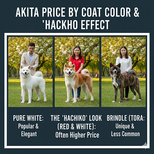 Giá chó Akita theo màu lông và hiệu ứng Hachiko với hình minh họa màu trắng, đỏ trắng và vện