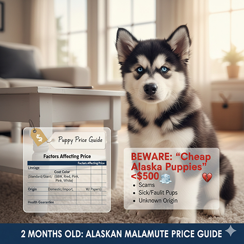 Chó Alaska 2 tháng tuổi ngồi trong nhà, minh họa chủ đề giá bán và cảnh báo chó Alaska giá rẻ