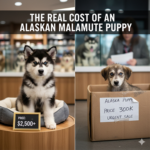 So sánh giá chó Alaska con giữa bé khỏe mạnh bán tại cửa hàng và bé giá rẻ rao bán trên mạng