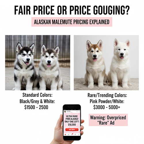 So sánh giá chó Alaska màu phổ biến và Alaska hồng phấn được quảng cáo là màu hiếm