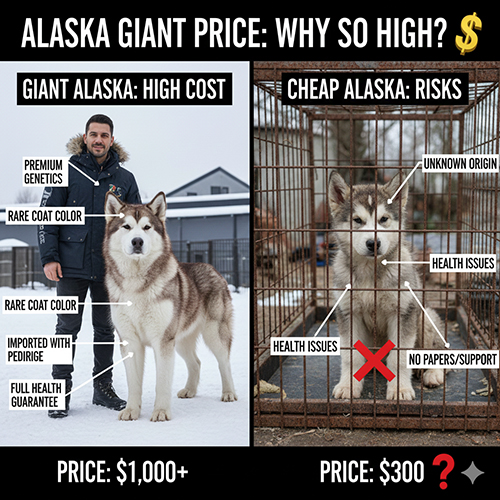 So sánh giá chó Alaska khổng lồ và chó Alaska giá rẻ với rủi ro đi kèm