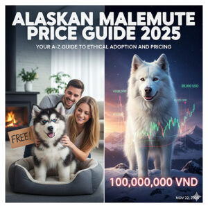 Hình ảnh bìa hướng dẫn giá chó Alaska Malamute 2025, cặp đôi chơi với chó con Alaska và một bé Alaska trưởng thành 🐺