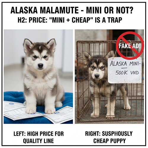 So sánh giá chó Alaska size nhỏ chất lượng và chó Alaska mini giá rẻ đáng ngờ