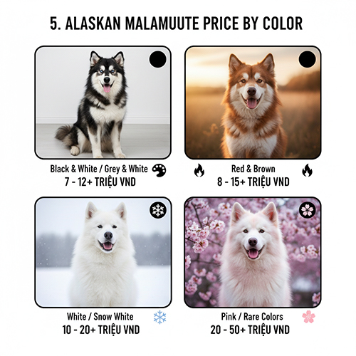 Hinh anh bang gia cho Alaska theo mau den trang nau do trang tuyet va hong phan