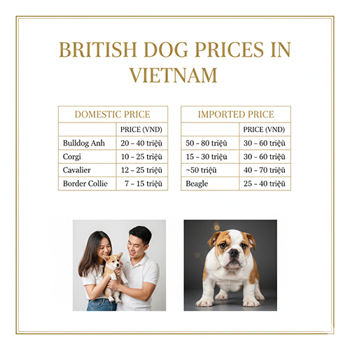 Bảng giá các giống chó Anh tại Việt Nam gồm Bulldog, Corgi, Cavalier, Border Collie và Beagle, kèm hình ảnh cặp đôi trẻ và chú Bulldog con