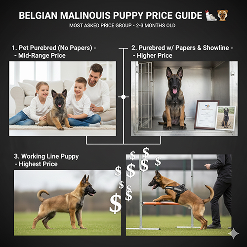 Ảnh minh họa các mức giá chó Béc Bỉ Malinois con 2–3 tháng tuổi: pet thuần không giấy, thuần có giấy và dòng working line