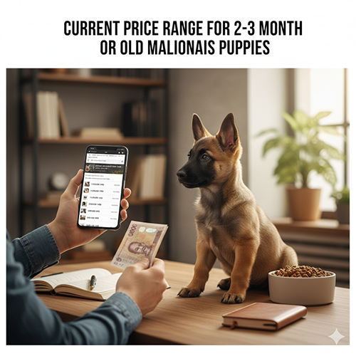 Chó Becgie Bỉ con 2–3 tháng ngồi cạnh bát thức ăn, phía trước là tay người cầm điện thoại xem giá chó và tờ tiền.