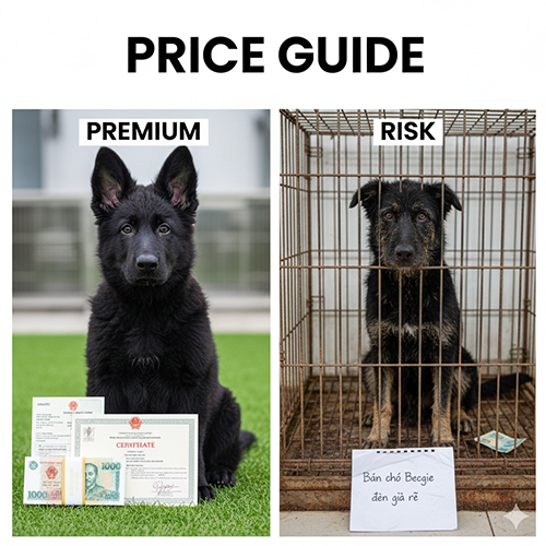 Ảnh so sánh chó Becgie đen tuyền chất lượng cao và chó Becgie đen bán giá rẻ trong lồng