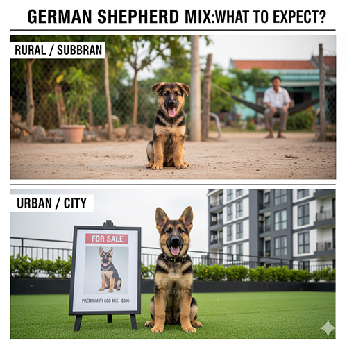 Ảnh so sánh chó Becgie lai được rao bán ở quê và ở thành phố, thể hiện sự khác biệt môi trường và mức giá.