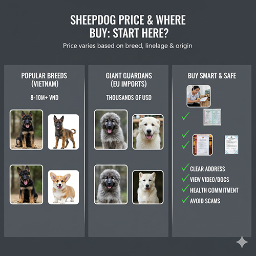 Ảnh minh họa giá các giống chó chăn cừu phổ biến và nhóm guardian nhập châu Âu cùng checklist mua chó an toàn