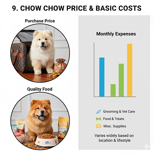 Chó Chow Chow con trong bối cảnh mua bán và bát thức ăn chất lượng, kèm biểu đồ chi phí hàng tháng