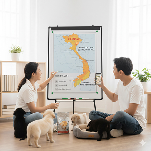 Cặp đôi trẻ cùng bốn chú chó con ngồi trước bản đồ Việt Nam thể hiện sự khác biệt giá chó cỏ con giữa các vùng, với chú thích HCM/HN giá cao hơn, tỉnh lân cận linh hoạt hơn.