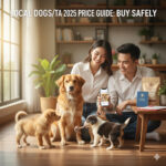 Cặp đôi trẻ đang ngồi trong phòng khách cùng ba chú chó cỏ con dễ thương, biểu tượng cho hướng dẫn giá chó cỏ/ta và cách mua an toàn.