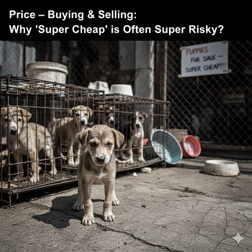 Những chú chó con trong lồng tại chợ, bảng ghi “puppies for sale – super cheap”, thể hiện rủi ro tiềm ẩn của việc mua chó giá rẻ không rõ nguồn gốc.