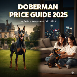 Ảnh minh họa bảng giá chó Doberman 2025 – Doberman trưởng thành đứng trước biệt thự và chó con chơi cùng gia đình trên sofa