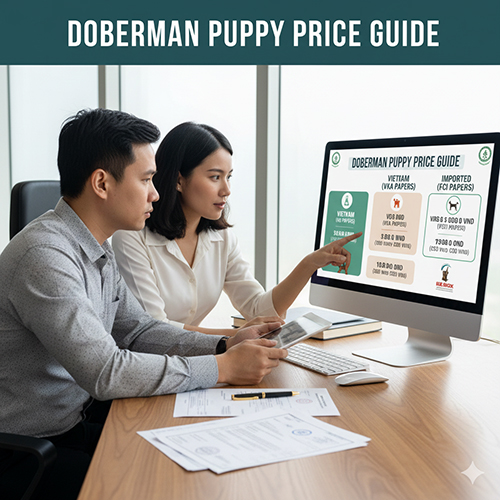 Hai người đang xem bảng giá chó Doberman con trên màn hình máy tính trong văn phòng