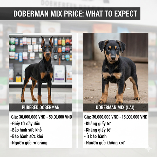 Bảng so sánh giá Doberman thuần và Doberman lai kèm đặc điểm nguồn gốc, giấy tờ và mức độ bảo hành.