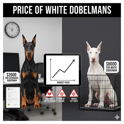 So sánh giá chó Doberman trắng và Doberman màu chuẩn, minh họa sự chênh lệch giá và rủi ro đi kèm