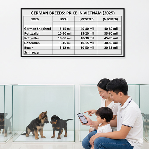 Bảng giá các giống chó Đức phổ biến tại Việt Nam như Becgie, Rottweiler, Doberman, Boxer và Schnauzer với mức giá nội địa và nhập khẩu.