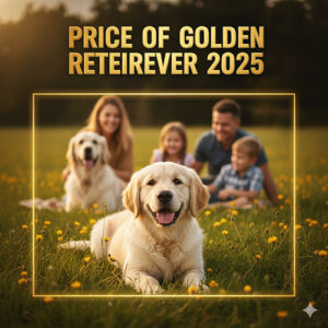 Gia đình vui đùa ngoài trời cùng hai chú chó Golden Retriever, minh họa bài viết về giá chó Golden cho người mới bắt đầu tìm hiểu.