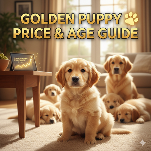 Ảnh minh họa giá chó Golden con và Golden nhỏ với đàn cún Golden trong phòng khách, thể hiện chủ đề bảng giá theo độ tuổi cho người mới nuôi