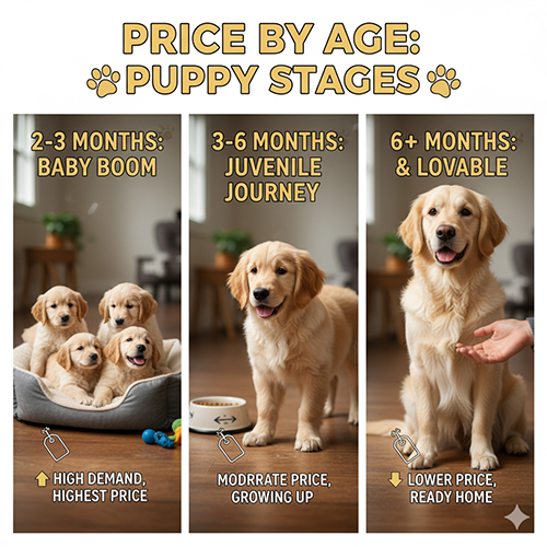 Ảnh so sánh giá chó Golden con theo từng giai đoạn tuổi 2–3 tháng, 3–6 tháng và trên 6 tháng với ba khung hình Golden Puppy ở các độ tuổi khác nhau