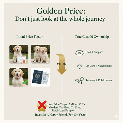 Infographic giá chó Golden Retriever, so sánh các yếu tố quyết định giá, chi phí nuôi dài hạn và cảnh báo bẫy “Golden giá rẻ 2 triệu”