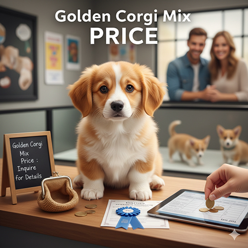 Chó Golden lai Corgi con ngồi trên quầy với bảng giá, phía sau là cặp đôi đang xem chó con trong cửa hàng thú cưng
