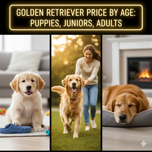 Chú chó Golden Retriever con, chó Golden đang chạy ngoài trời và chó Golden trưởng thành đang ngủ cạnh lò sưởi, minh họa mức giá Golden theo từng độ tuổi.