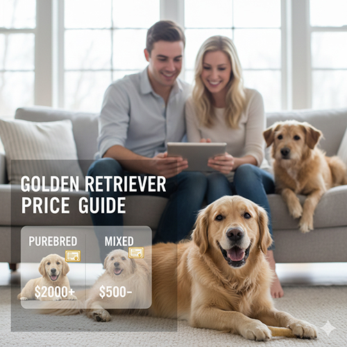 Giá chó Golden thuần chủng và Golden lai được minh họa bằng hình gia đình ngồi trên sofa cùng hai bé chó