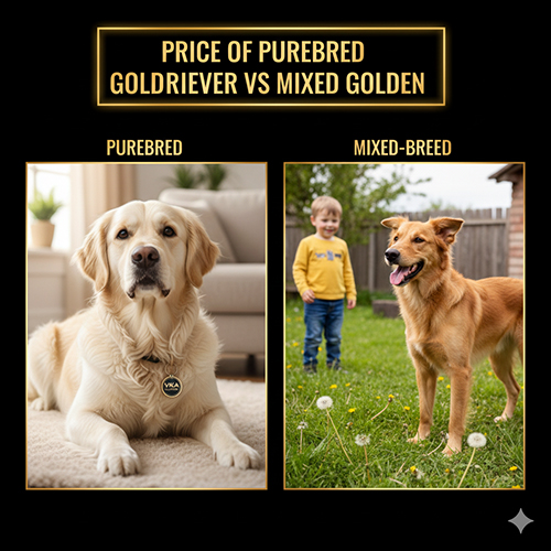 Ảnh so sánh chó Golden Retriever thuần chủng đeo bảng VKA nằm trong nhà và một bé chó Golden lai chơi ngoài sân cùng bé trai, minh họa sự khác biệt về giá giữa Golden thuần và Golden lai.