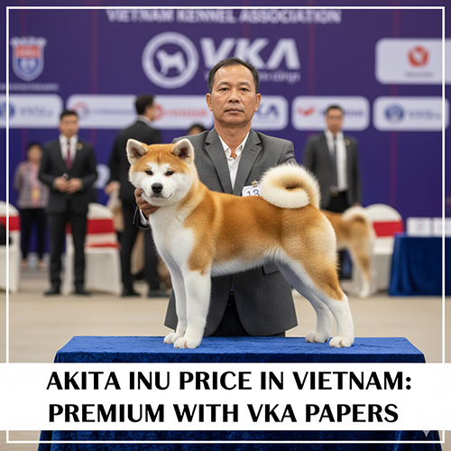 Chó Akita Inu đỏ trắng đứng trên bàn show cùng handler tại sự kiện VKA ở Việt Nam