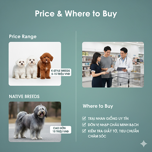 Bảng giá và nơi mua chó Hàn Quốc tại Việt Nam, gồm các giống nhỏ phong cách Hàn 6–15 triệu và giống bản địa như Sapsali giá cao hơn 15 triệu VNĐ